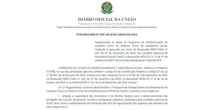 Portaria regulamenta ações e atividades do Procad-Suas a serem realizadas pelos Municípios